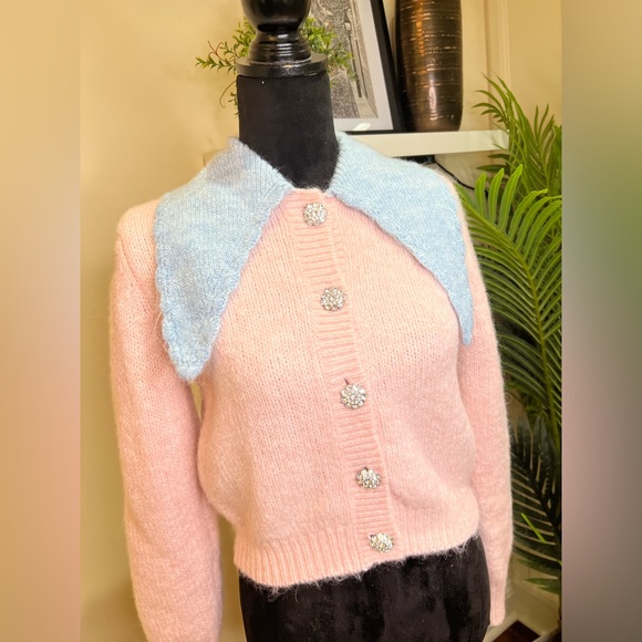 Zara Wool Alpaca Blend Contrast Collar Sweater Front Jewel/Rhinestone Button Med - Picture 5 of 13
